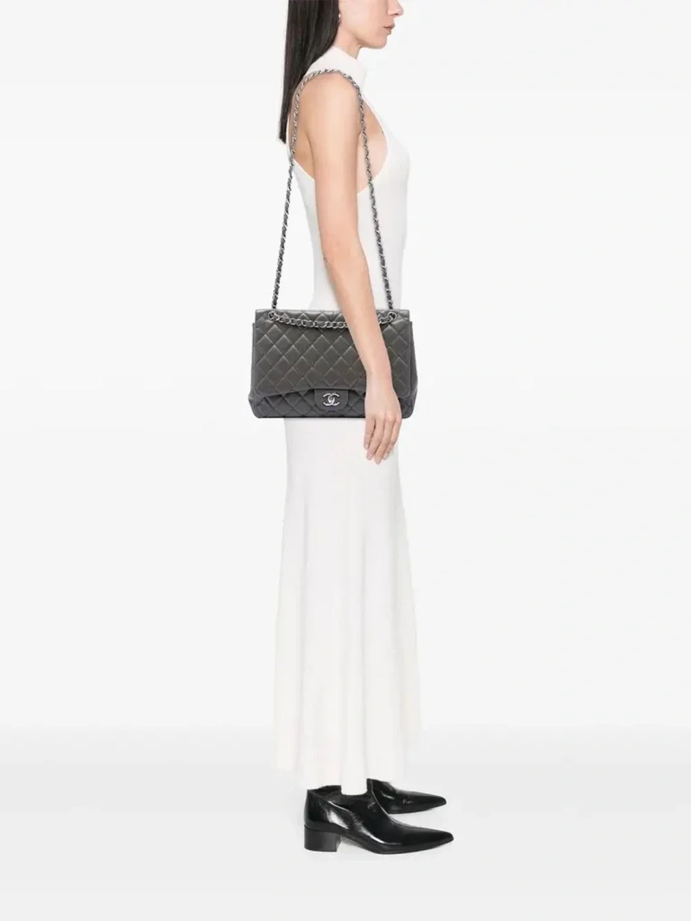 Chanel Medium Classic Double Flap Bag Gun Metal Grey Lambskin Silver Hardware